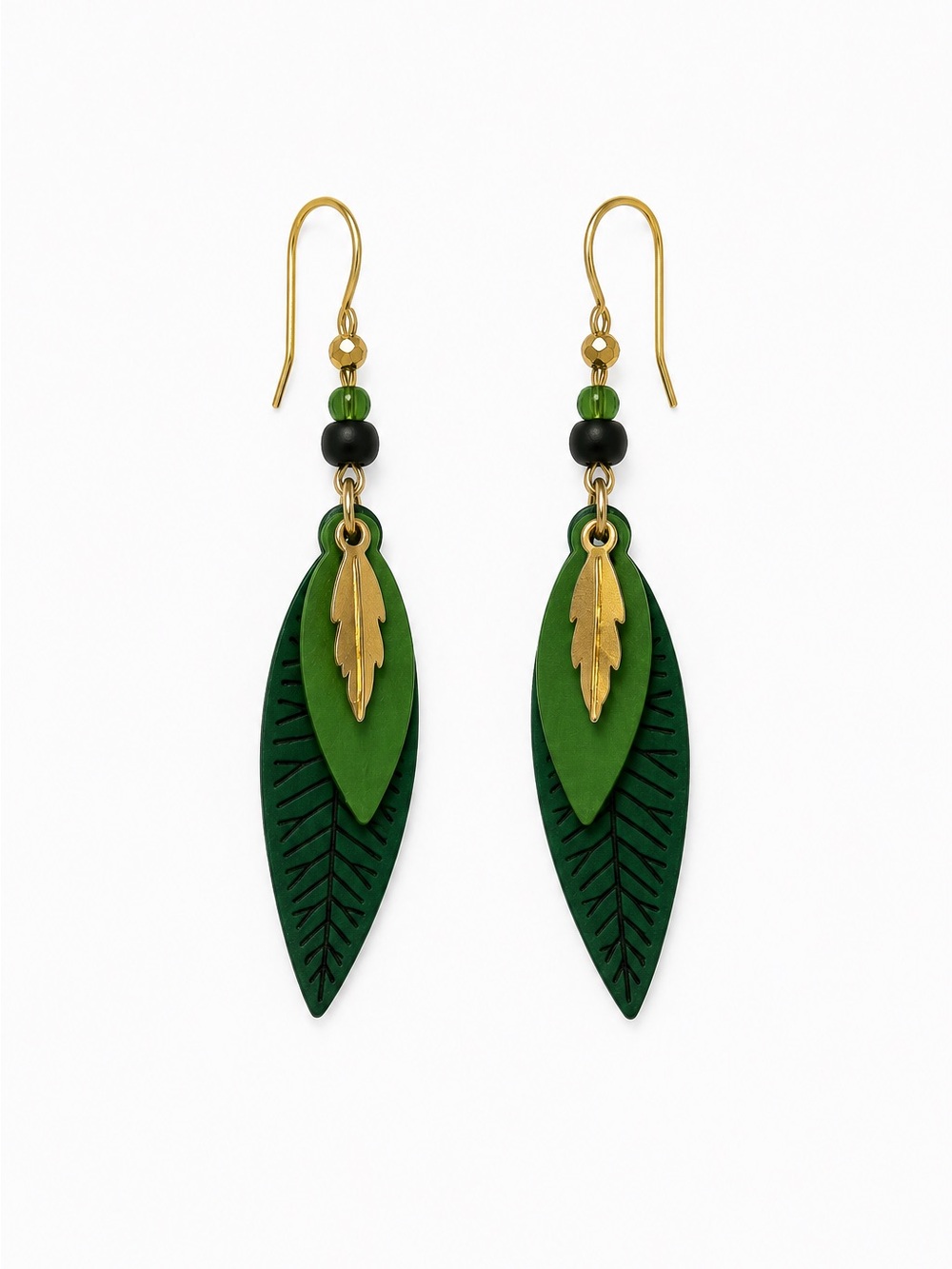 Green Leaf Dangle Earrings Gold Tone Nature Boho Lightweight